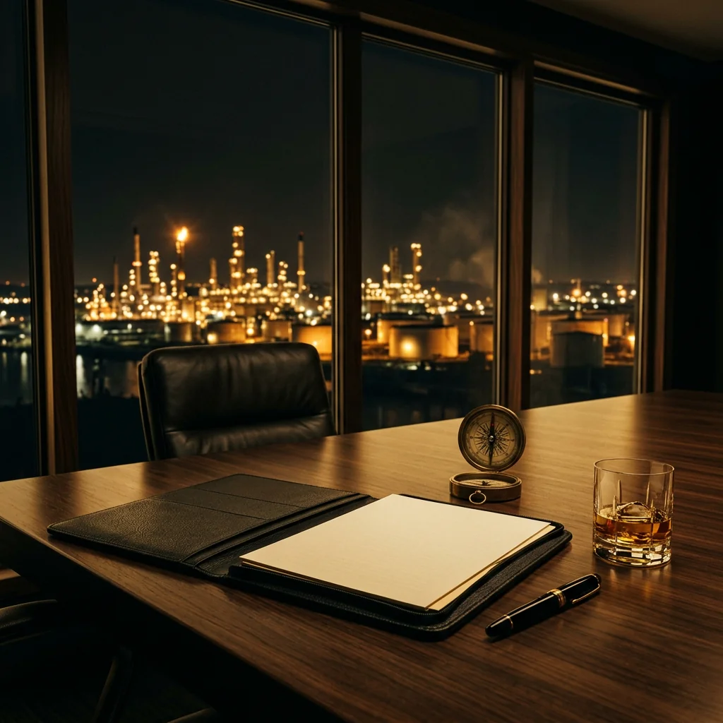 Private 492 deal room at night, overlooking a refinery skyline