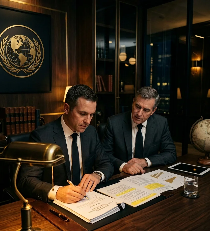 Two deal professionals reviewing a petroleum transaction term sheet in a black-and-gold 492 GBL Academy deal room