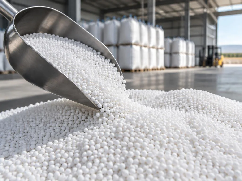White urea fertilizer granules spilling from a steel scoop