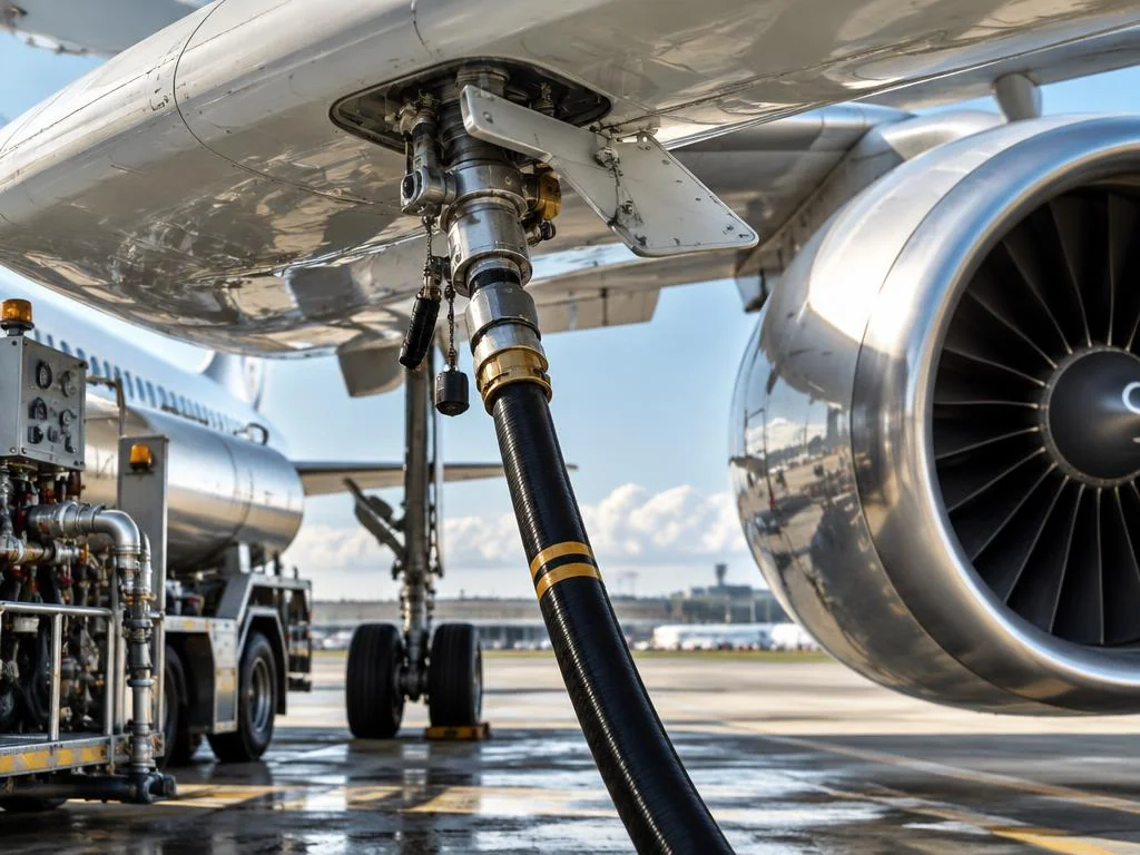 Aircraft connected to aviation refueling equipment
