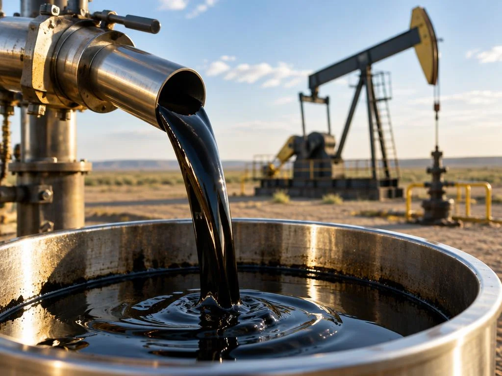 Black crude oil pouring into a steel sampling basin