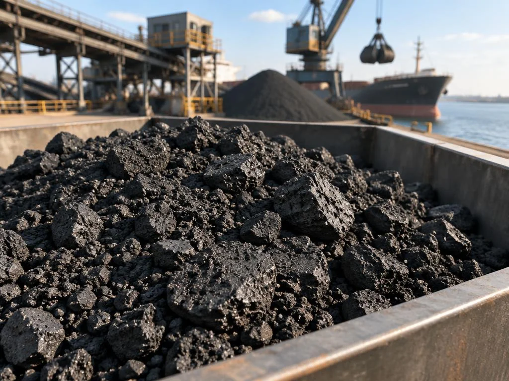 Porous black petroleum coke chunks at a handling terminal