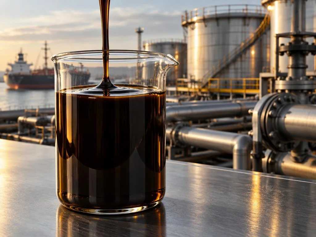 Dark heavy fuel oil sample at a petroleum terminal