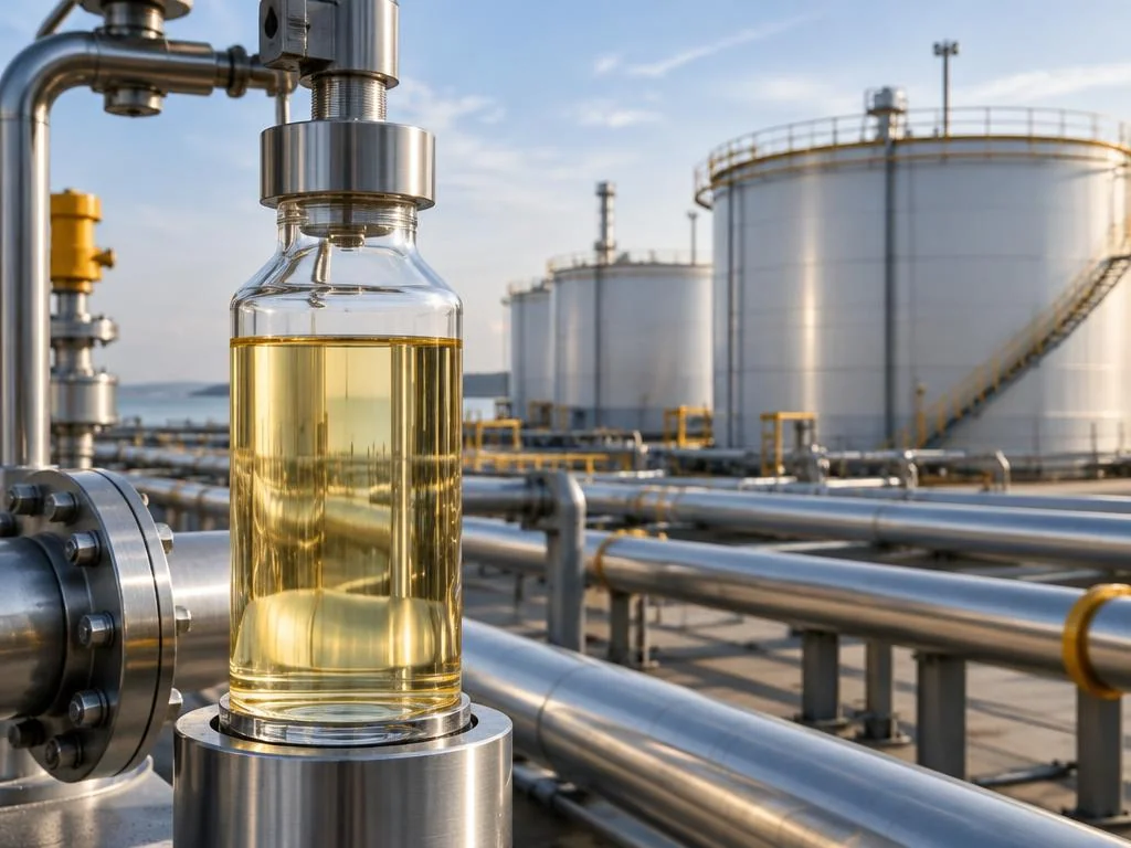 Pale gold diesel sample at a fuel storage terminal